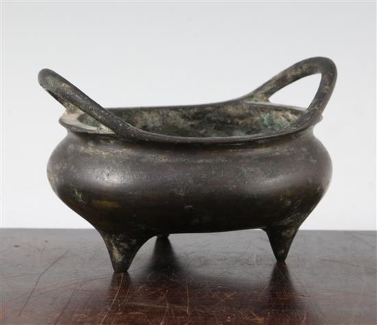 A Chinese bronze ding censer, sixteen character Xuande mark, 19th century or later, width 15.5cm